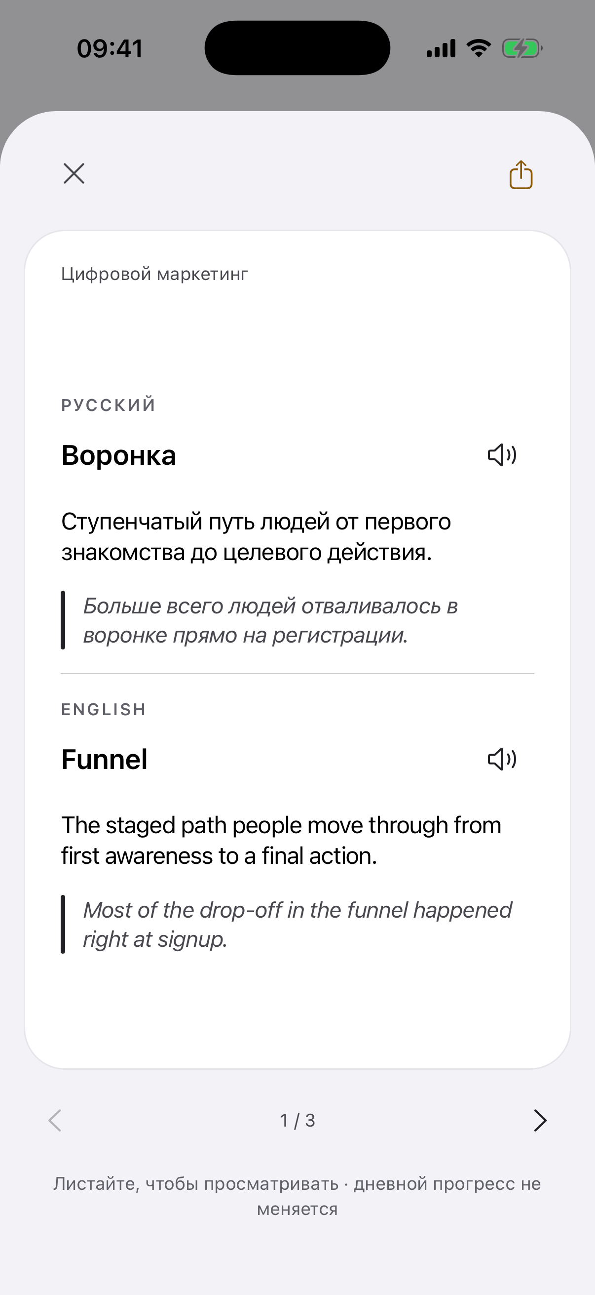 Экран приложения с открытым оборотом карточки «Воронка»