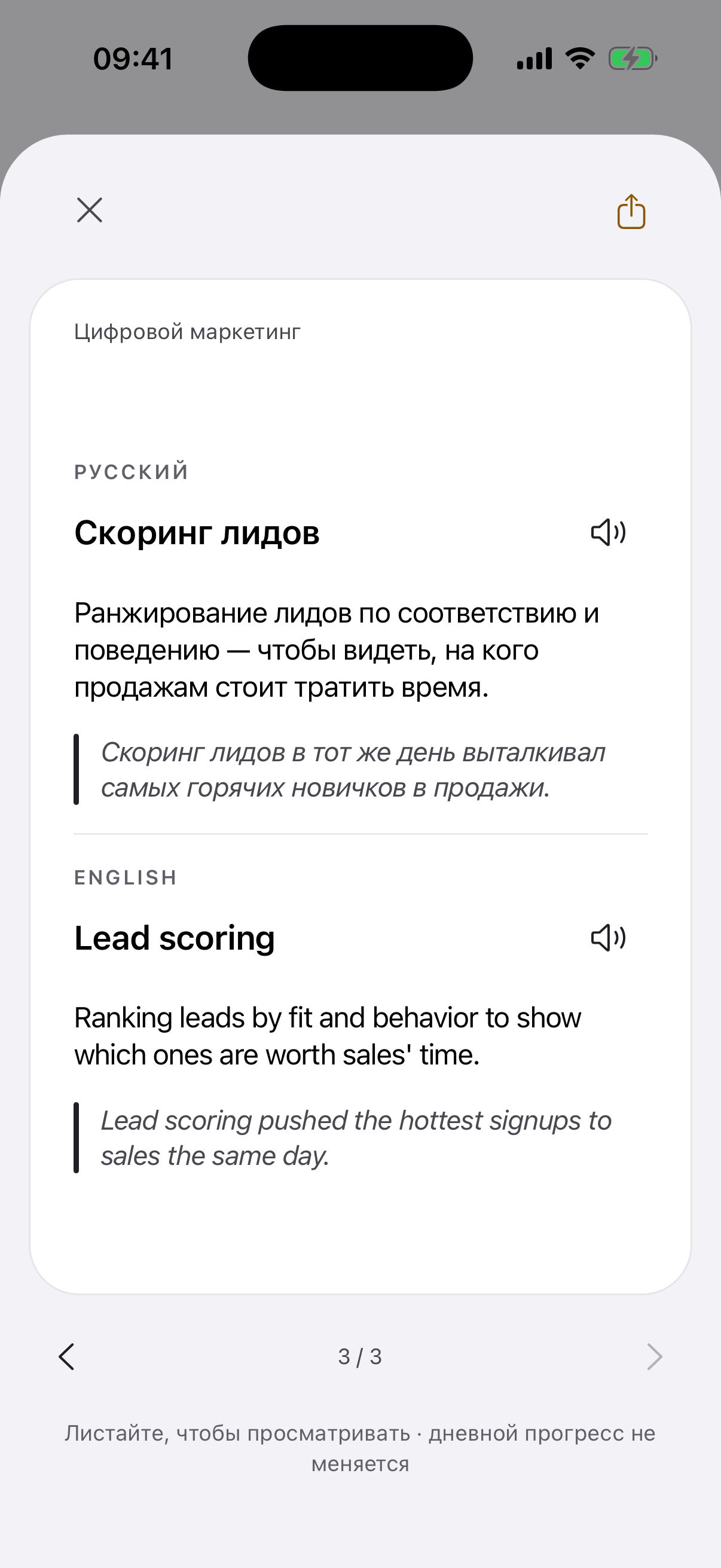 Экран приложения с открытым оборотом карточки «Скоринг лидов»