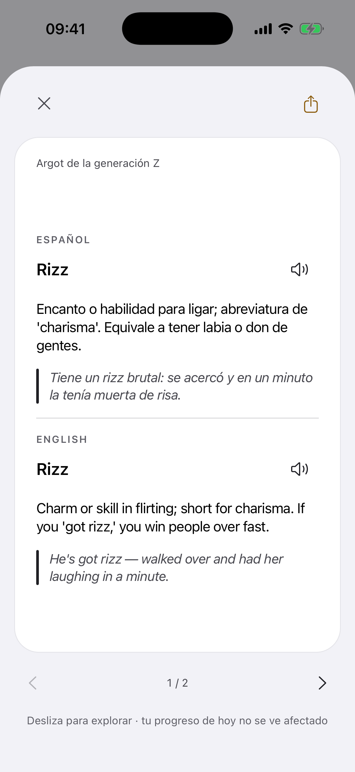 La pantalla de la app con el reverso de la tarjeta «Rizz» abierto