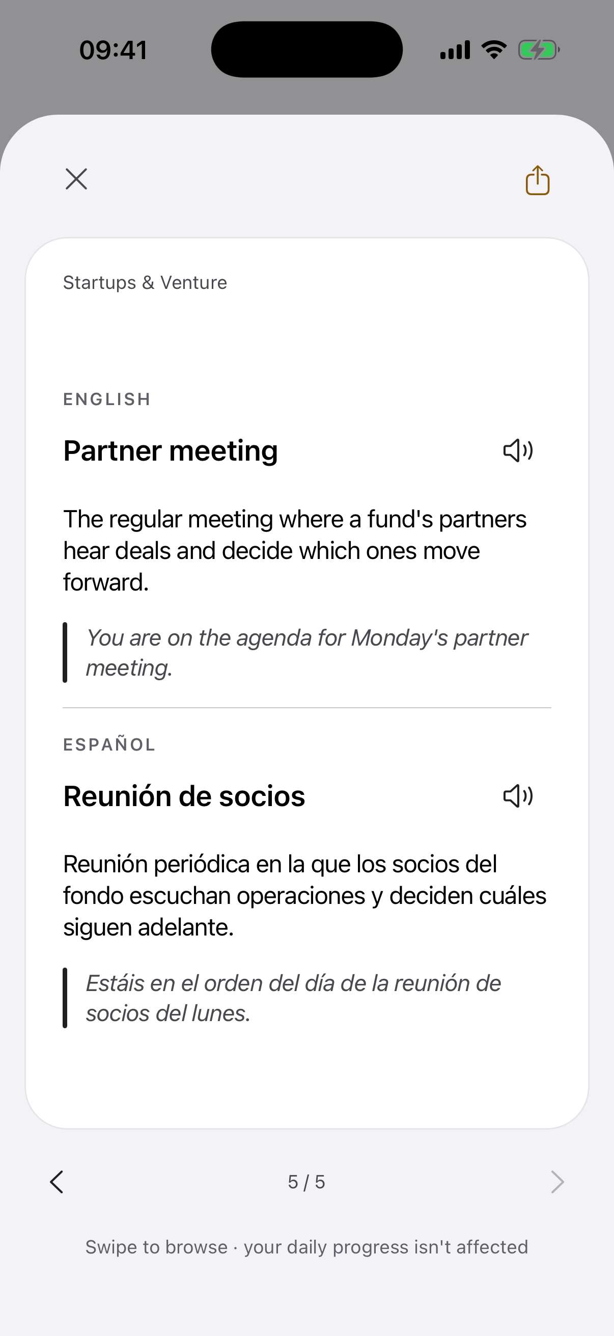 App screen with the back of the "Partner meeting" card open