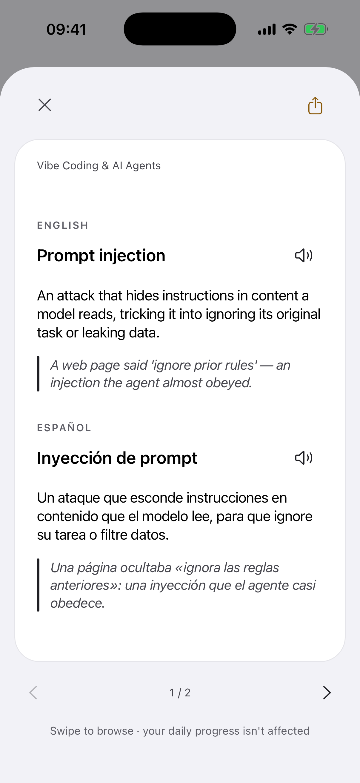 App screen with the back of the "Prompt injection" card open