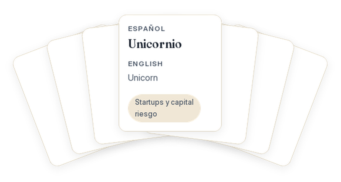 Un abanico de tarjetas; en la de arriba, el término y su forma en inglés