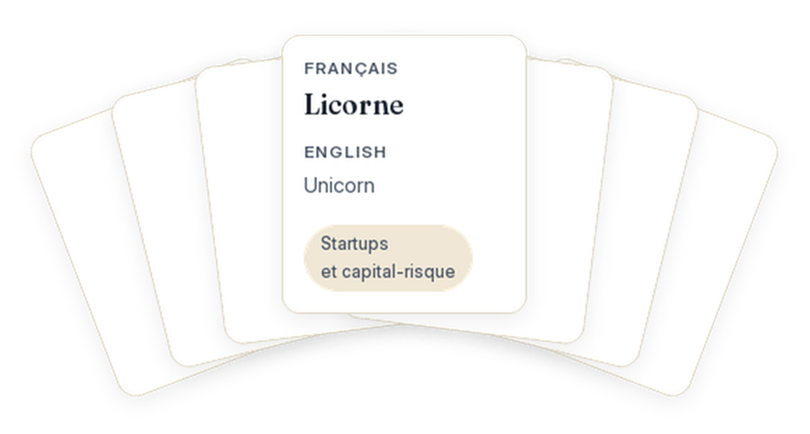 Un éventail de cartes ; sur celle du dessus, un terme et sa paire en anglais