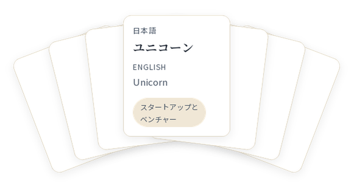 カードを扇に広げたところ。一番上のカードに言葉と英語の対