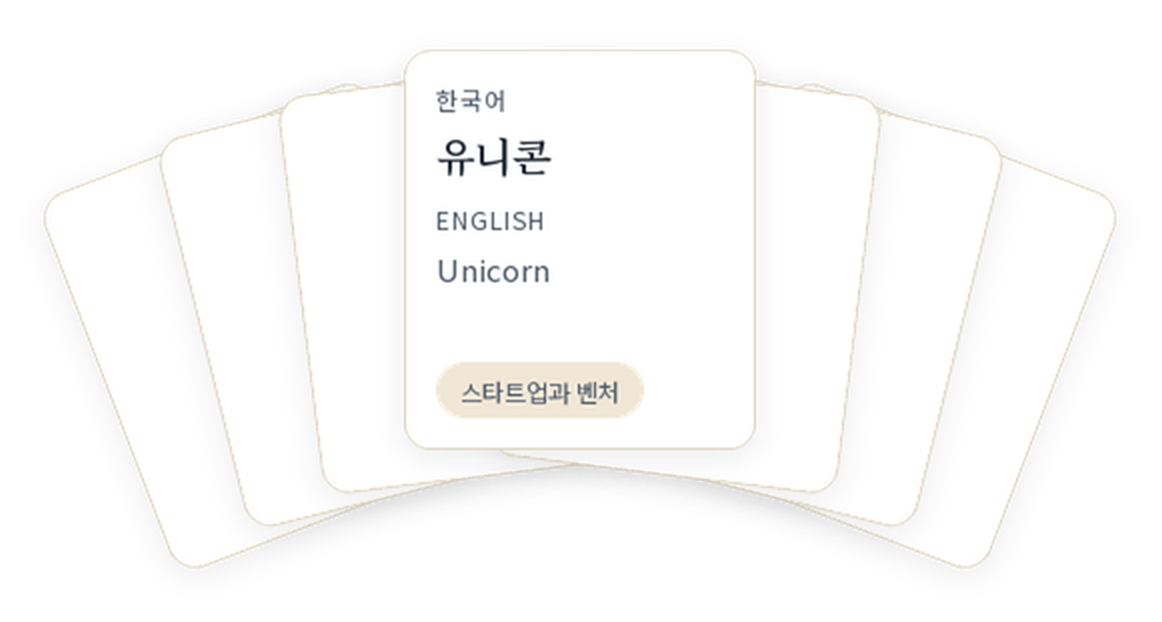 부채꼴로 펼쳐진 카드, 맨 위 카드에 용어와 영어 짝