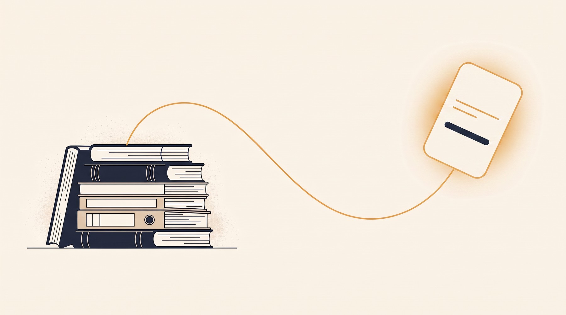 Слева тяжёлая стопка книг и папок чернильным контуром, справа одна светлая карточка,
между ними охряная нить