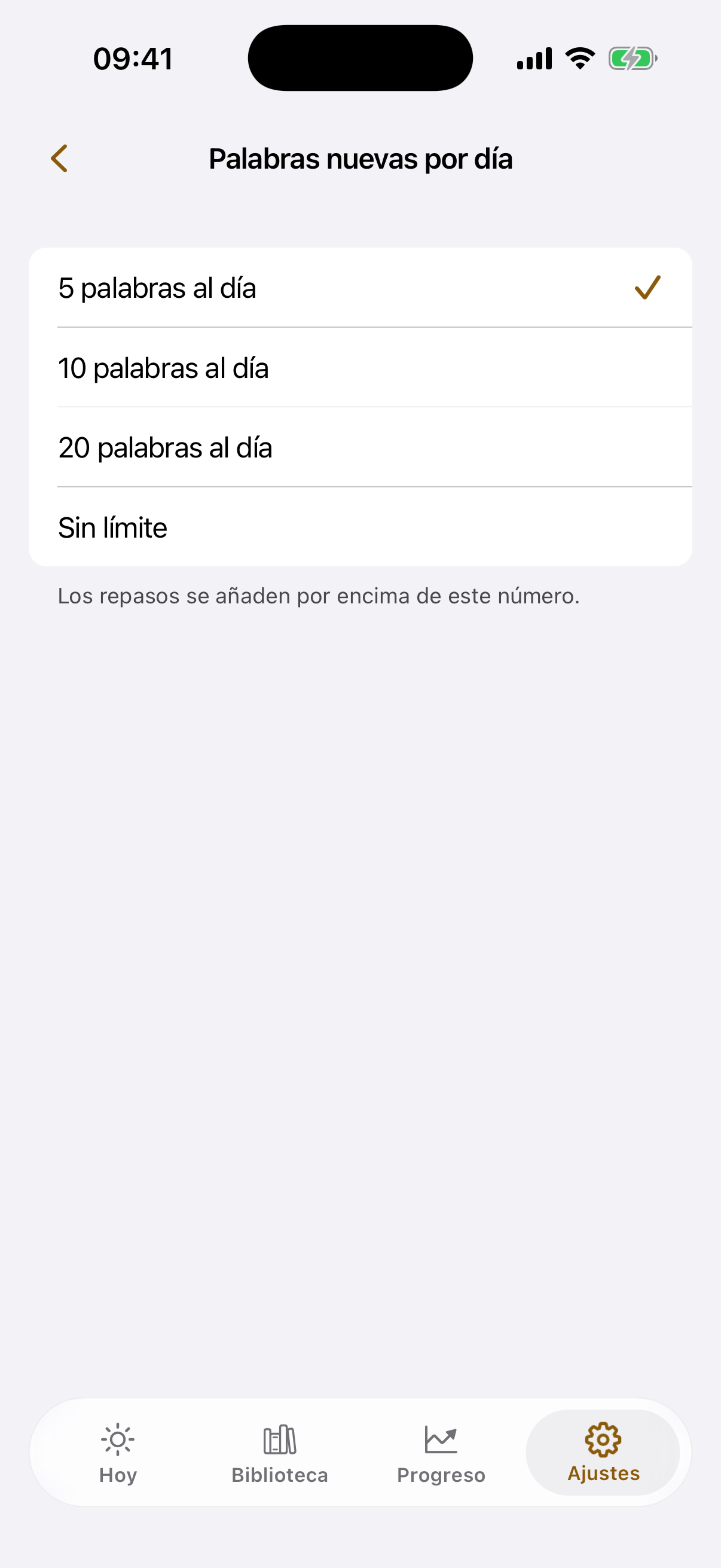 La pantalla de ajustes con el selector de ritmo