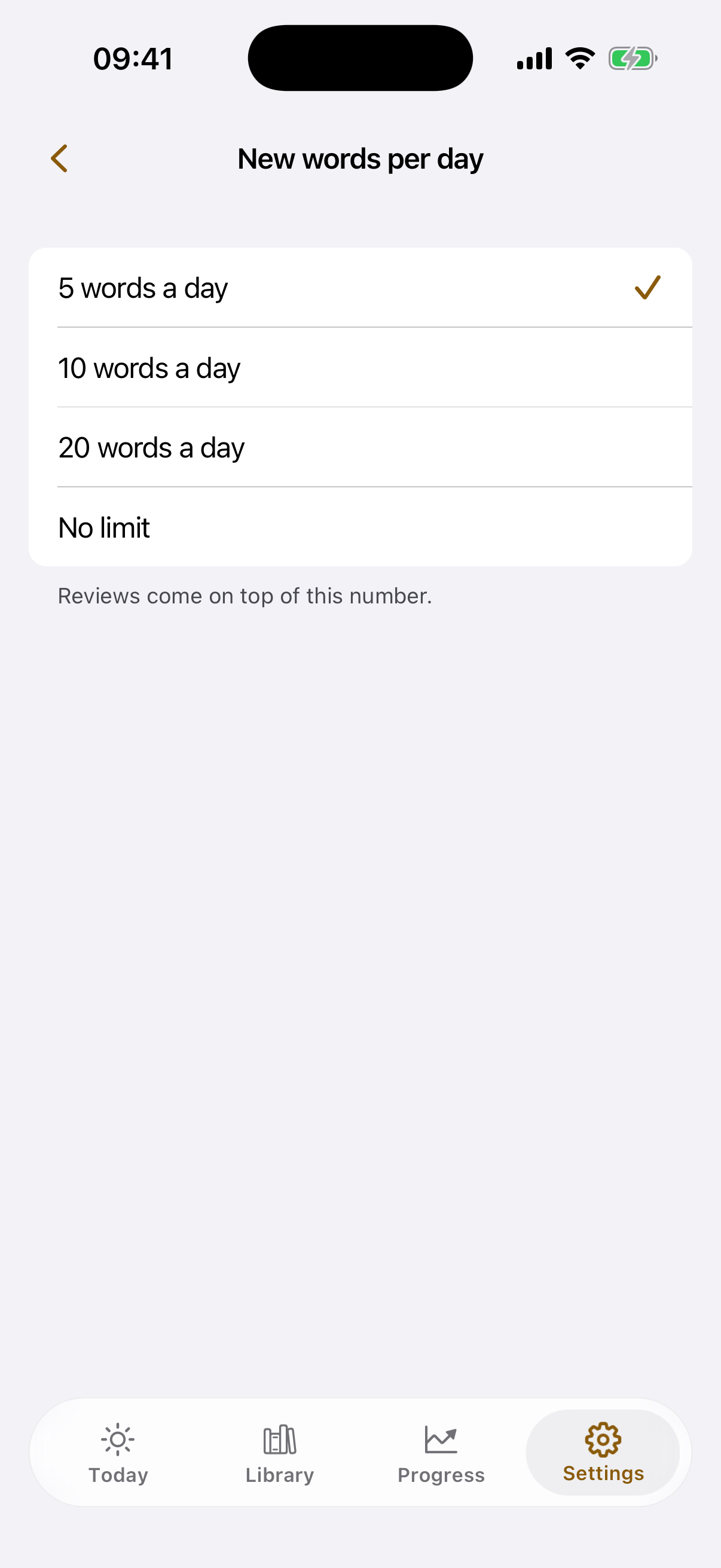 The Settings screen with the pace switch