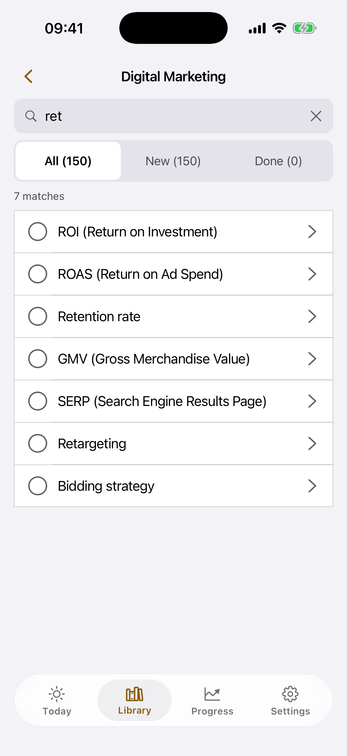 The search screen inside the Digital Marketing topic: the query "ret" and,
among the cards it finds, "ROI (Return on Investment)", "Retention rate"
and "Retargeting"; tabs All, New, Done