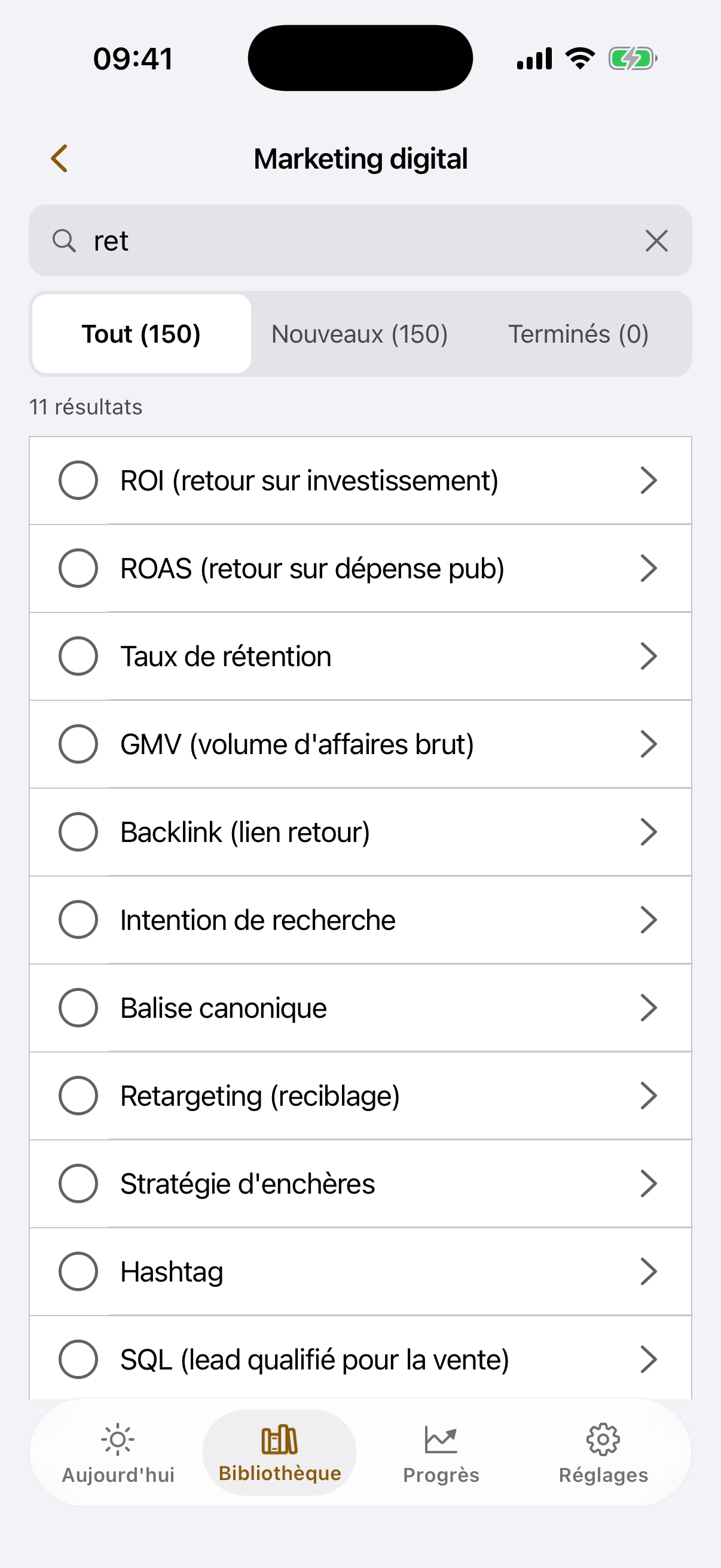 L’écran de recherche dans le thème « Marketing digital » : la requête « ret »,
parmi les cartes trouvées « ROI (retour sur investissement) »,
« ROAS (retour sur dépense pub) » et « Retargeting (reciblage) » ;
les onglets « Tout », « Nouveaux », « Terminés »