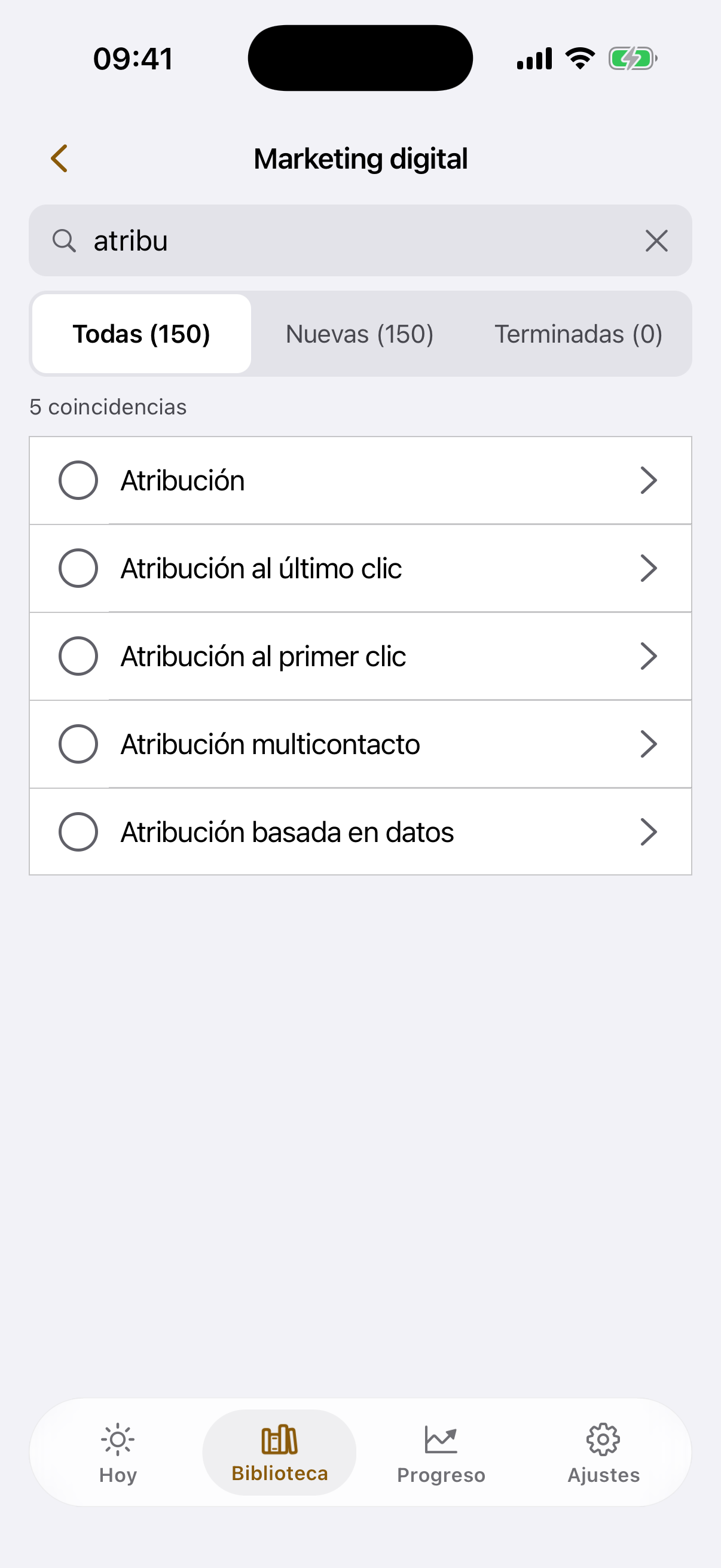 El buscador dentro de un tema con cinco tarjetas encontradas