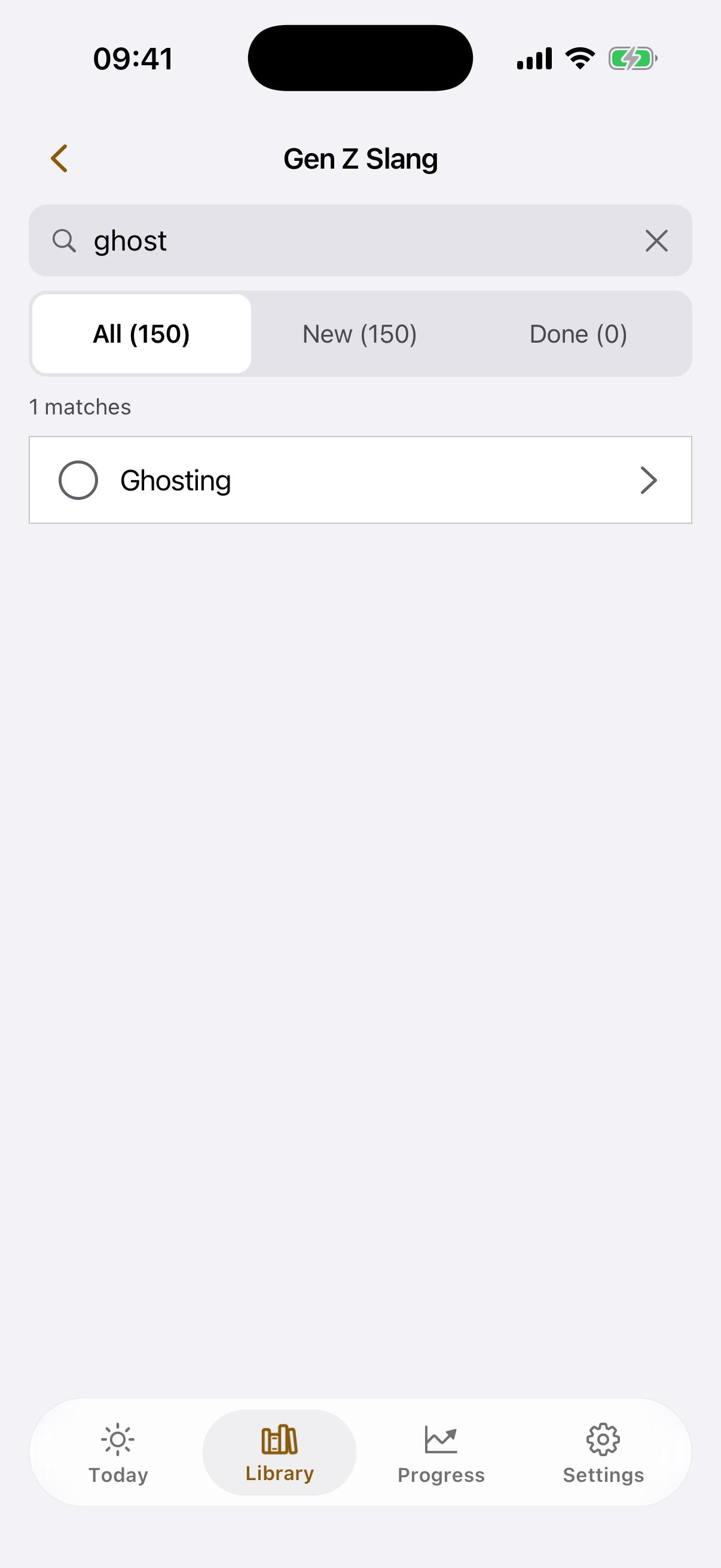 Search screen inside the deck with one card found