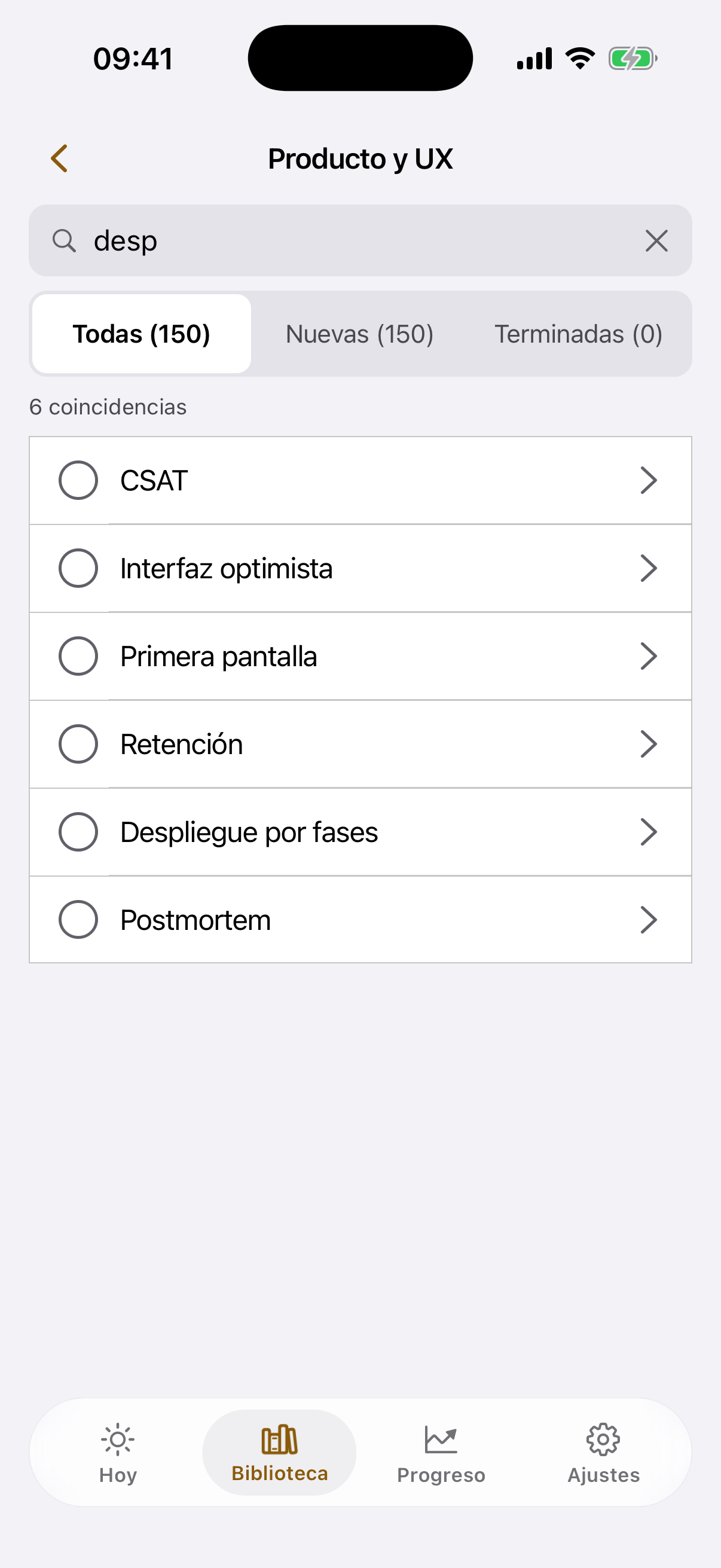 El buscador dentro de un tema con seis tarjetas encontradas