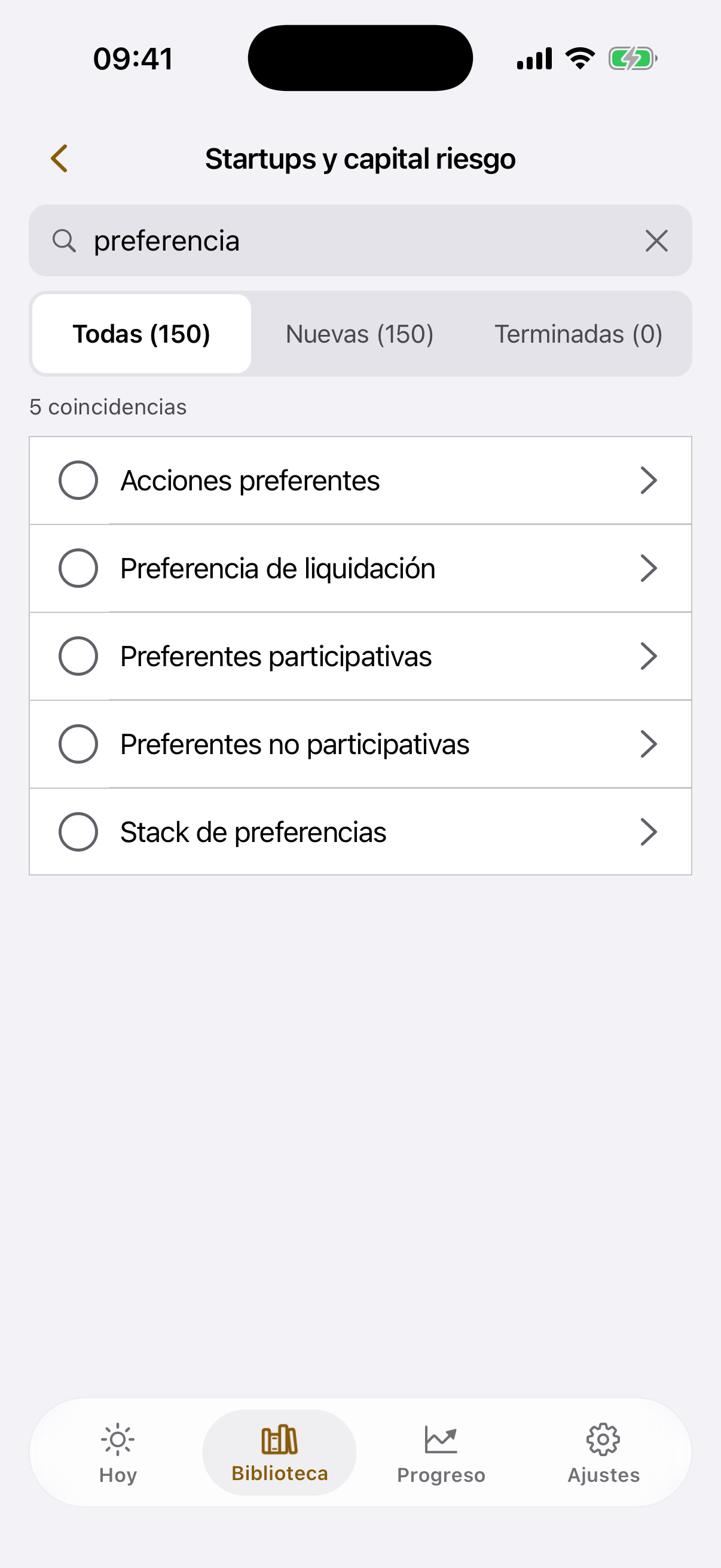 El buscador dentro de un tema con cinco tarjetas encontradas